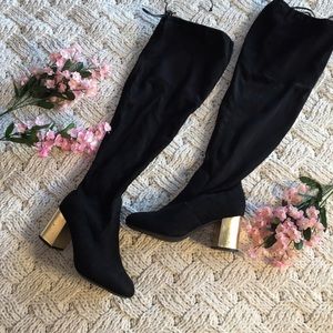 Black Thigh High Boots with Gold Heels✨